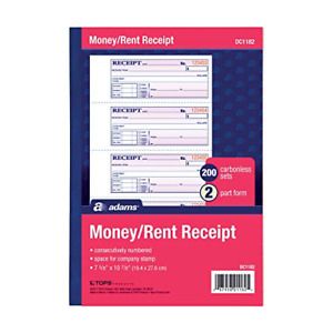 Adams Money and Rent Receipt Book, 2-Part, Carbonless, White/Canary, 7-5/8 in...