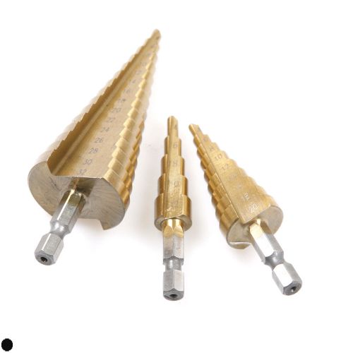 3pcs hss cone titanium step drill bits set shank 5/16&#039;&#039; metric hole 4-12/20/32mm for sale