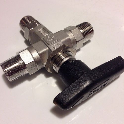 Parker 3 way npt 3/8&#034; x 3/8&#034; x 3/8&#034; stainless ptfe ball valve 3/8npt b6 for sale