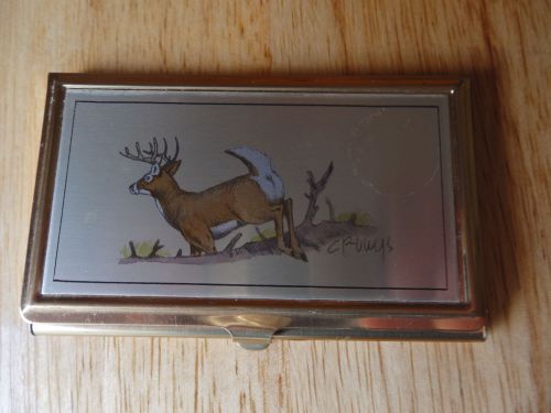 Business Card Holder Gold with Deer Pictures Mint Conditon