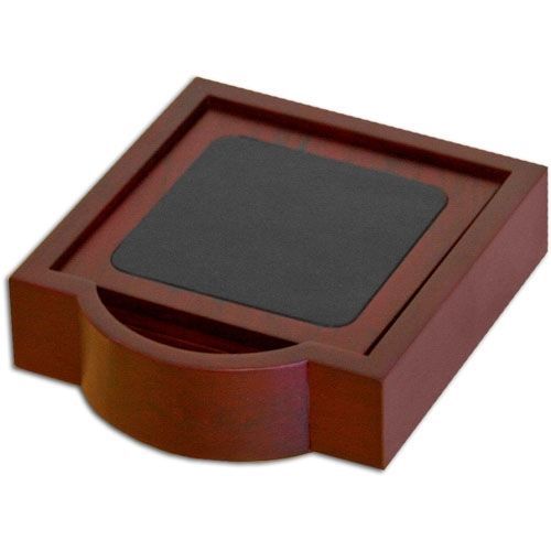 Dacasso Rosewood Coaster with Holder - 4/PK-4&#034;Lx4&#034;W - Black - Leather