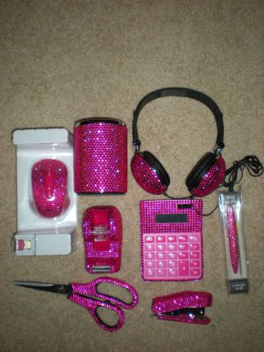 PINK! Rhinestone Mouse LOT of 8 Office Desk Supplies w/ Marching Head Phones!