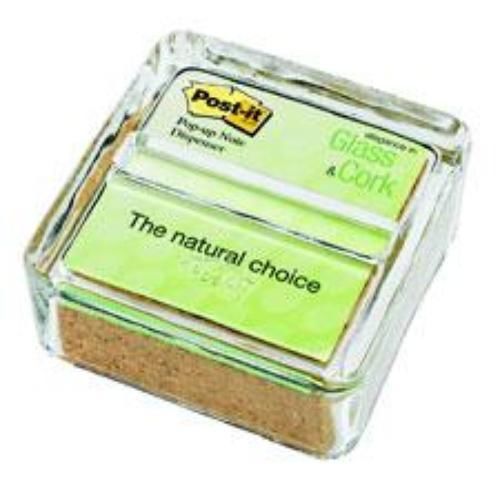 Post-it Glass &amp; Cork Pop-Up Note Dispenser With 50-Sheet Greener 3&#039;&#039; x 3&#039;&#039; Notes