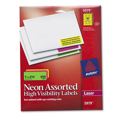 Avery neon laser labels, rectangle, assorted fluorescent colors, 1&#034;x2 5/8&#034;, 450 for sale