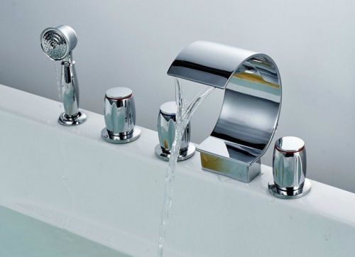 Chrome Finished Waterfall Bathtub Faucet Widespread 3 Handles Taps W/Hand Shower