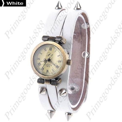 Metal Rivets PU Leather Quartz Wrist Lady Ladies Wristwatch Women&#039;s White