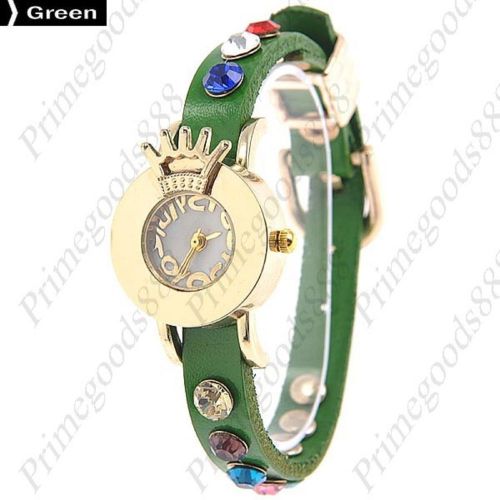 Crown Rhinestones Analog PU Leather Lady Ladies Quartz Wristwatch Women&#039;s Green
