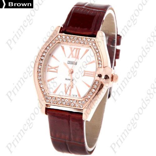 Pu leather band square case quartz wrist lady ladies wristwatch women&#039;s in brown for sale