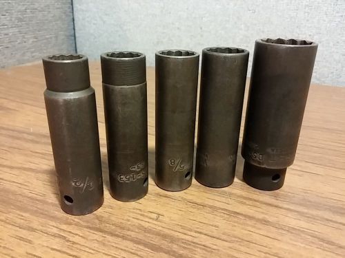 5 Vintage Wright DS Series 1/2&#034; Drive Deep SAE Sockets 53- &amp; 52+