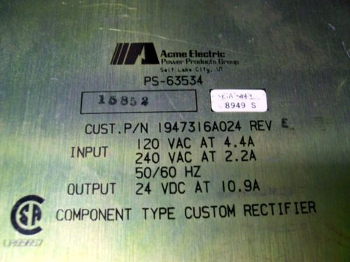 ACME Electric PS-63534 P/N 1947316A024 Power Supply Input 120/240 VAC --&gt; 24VDC
