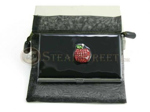 3.75&#034;&#034; Black Business Card Holder with Enamel and Rhinestone Red Apple