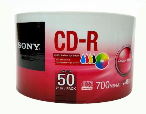50 Sony CD-R 48x Inkjet White Hub Printable Recordable Disc 80Min 700MB Wrap