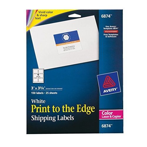 Avery 6874 White laser labels for color printing, 3 x 3-3/4 label, 150