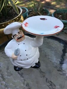 Vintage Pottery Figurine. Smiling Chef Holding Caviar Platter