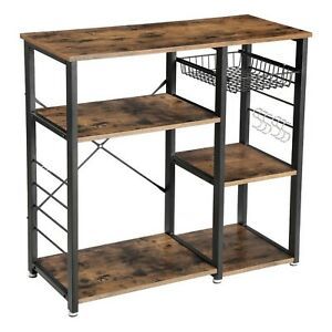 Wood And Metal Bakers Rack With 4 Shelves And Wire Basket, Brown And Black
