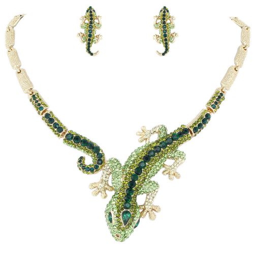 Unique New Animal Gecko Earrings Necklace Set Green Rhinestone Crystal Gold Tone