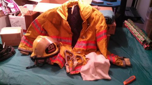 Firefighter coat, helmet, nomex hood and hose strap
