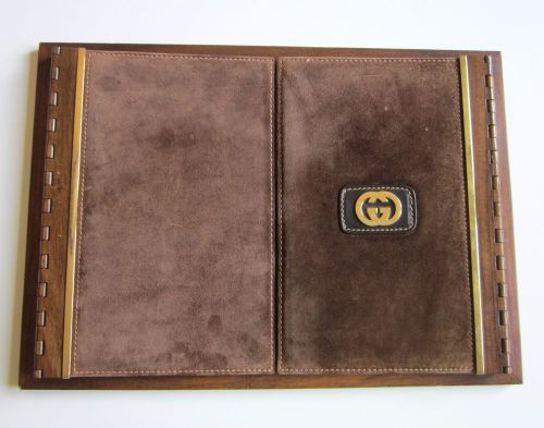 Vintage GUCCI Wood Suede Leather Desk Blotter Note Pad Organize Office 1960 RARE