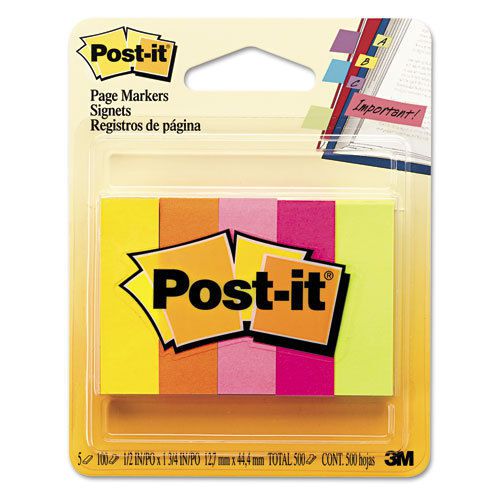 Post-it Flags Page Markers, 5 Neon Colors, 5 Pads of 100 Strips, 5 Packs of 500