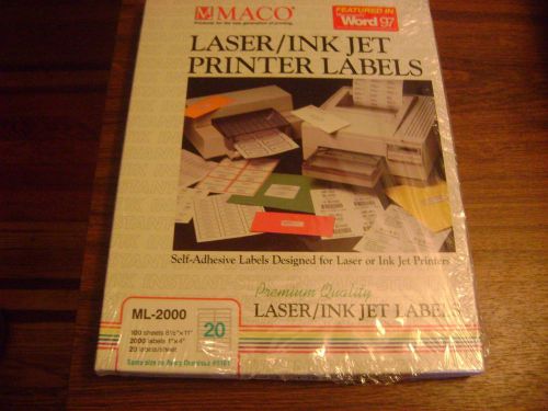 MACO Laser/Ink Jet PRINTER LABELS 100 Sheets - 2000 Self-Adhesive Labels 1&#034; x 4&#034;