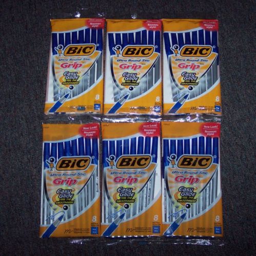 6 new pkgs bic ultra round stic grip easy glide pens - blue ink - 48 pens for sale