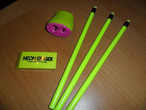 Set of 3 bright neon yellow pencils w eraser bar wrapped &amp; sharpener school desk