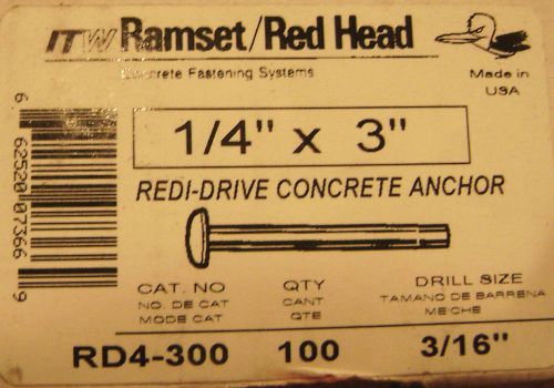 100 -- 1/4&#034; x 3&#034; redi-drive concrete anchors -- new -- ramset / red head rd4-300 for sale