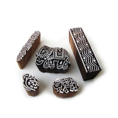Multi hand carved geometric pattern wooden printing tags (set of 5) for sale