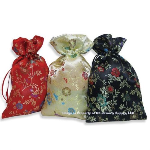 12 Pack of 4&#034; x 5&#034; Silk Floral Pattern Drawstring Pouches 3 Colors in Pack