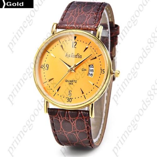 Thin Gold Date PU Leather Analog Quartz Wristwatch Lady Ladies Women&#039;s Golden