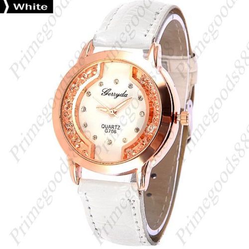 Round Rhinestones PU Leather Lady Ladies Wrist Quartz Wristwatch Women&#039;s White
