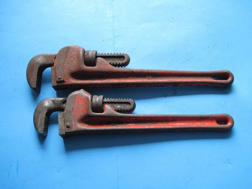 2 Vintage Cast Iron Ridgid 12&#034; &amp; 14&#034; Pipe Wrench Hand Tool  Made In USA