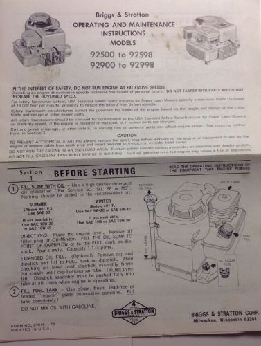 Vintage Briggs &amp; Stratton Operating Instructions-Models 92500/92598/92900/92998