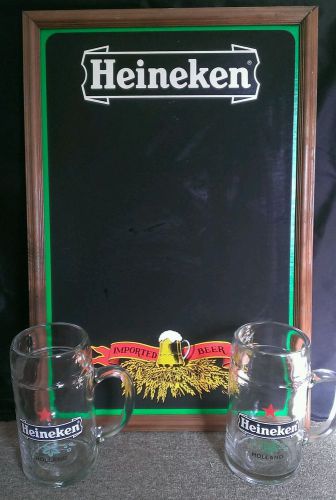 Vintage Heineken Chalk Menu Board &amp; Two 20 oz 8&#034; Glass Mugs! Bar Restaurant
