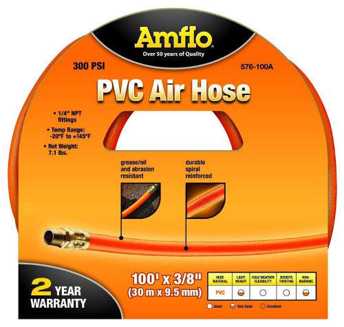 Amflo 576-100A Orange 300 PSI PVC Air Hose 3/8&#034; x 100&#039; With 1/4&#034; MNPT End Fit...