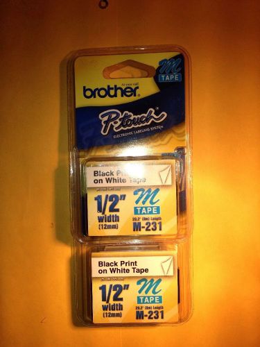 2 Brother 1/2&#034; M-231 P-Touch Label Tapes-Black Print on White-NIB SEALED