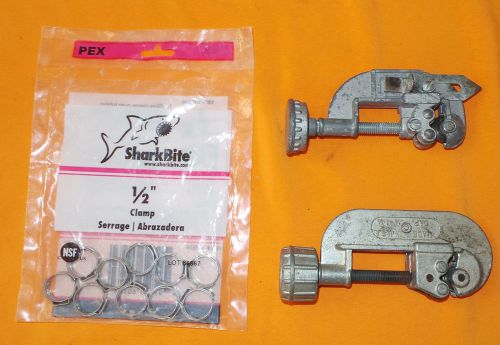 (2) VINTAGE TUBE CUTTERS &amp; 1/2&#034; SHARK BITE CLAMP (QTY. 10)