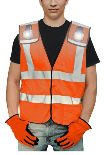 Reflective safety vest with removable led lights orange men&#039;s sizes m,l,xl for sale