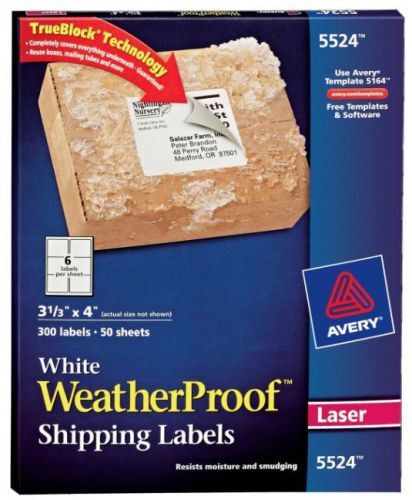 Avery® White WeatherProof™ Labels for Laser Printers 5524, 3-1/3&#034; x 4&#034;