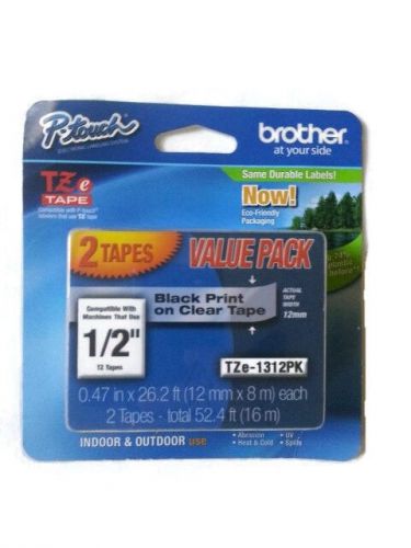 2 Pack  Genuine Brother P-Touch TZe-1312PK 1/2&#034; Black Print on Clear Tape NEW