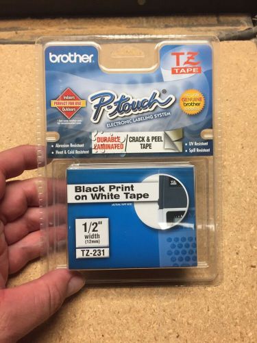 Brother 12mm 1/2&#034; black ink white P-touch tape TZ TZ231 NEW