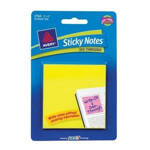 Avery Sticky Notes See-Through, 3 x 3, Yellow, 50 Sheets (22585), (12 Pack)