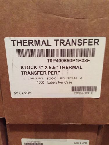 4 x 6.5 Inch Thermal Transfer Labels 1000/Roll - 4 Rolls Per Box. New.