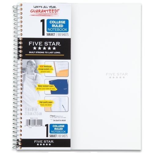 Five Star Wirebound Notebook, 1-Subject, 100 College-Ruled Sheets, 11 x 8.5 Inch