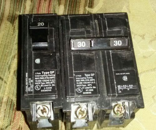 Lot of 2 Siemens 30 amp 2 pole 20 amp1 pole120/240V Circuit Breaker, Used