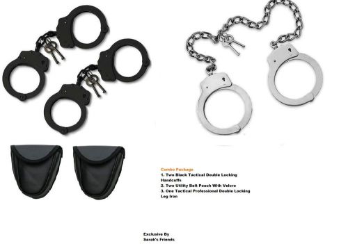 Law Enforcement Leg Iron And Handcuff Combo Set Double Locking With Belt Pouch