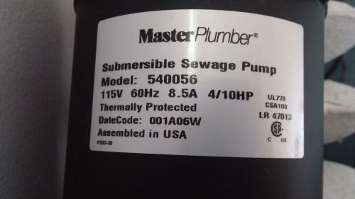 Master Plumber 4/10 HP  Automatic Submersible Sewage Ejector Pump 540056