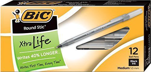 BIC Round Stic Xtra Life Ball Pen, Medium Point 1.0 mm, Black, 12-Count