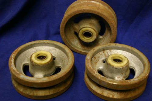 Three (3) Cast Iron V-Groove Wheel 5&#034; Diameter x 2&#034; Wide with 3/4&#034; Axle ID Rolle