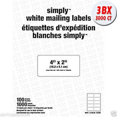 Lot of 3 STAPLES® SIMPLY™ White Mailing Labels 4&#034; x 2&#034; 3000 Labels / 300 Sheets